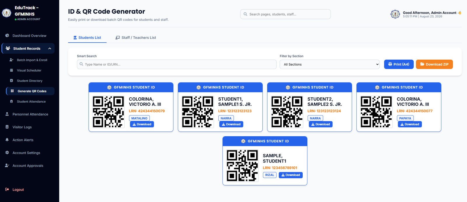 EduTrack-ph ID and QR Code Generator