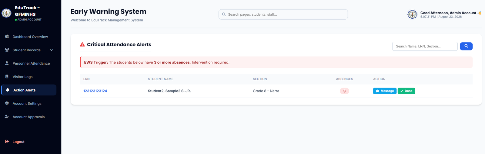 EduTrack-ph Early Warning System and Action Alerts