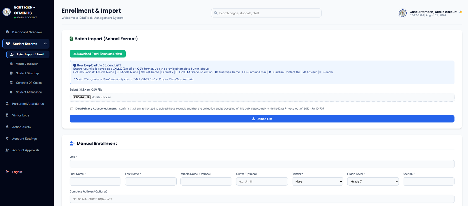 EduTrack-ph Enrollment and Import Screen