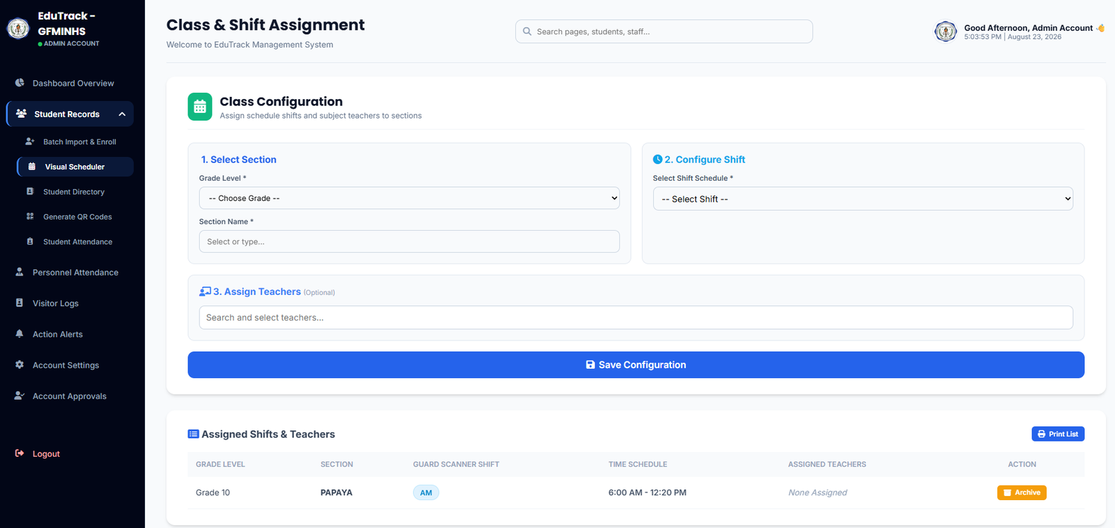 EduTrack-ph Visual Scheduler Screen